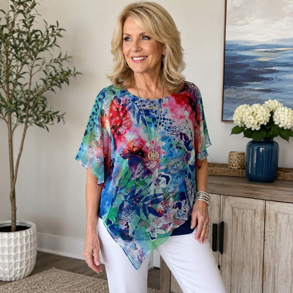 Chico’s Floral Chiffon Overlay Asymmetrical Tunic Size 1 / US M Blouse Blue Pink